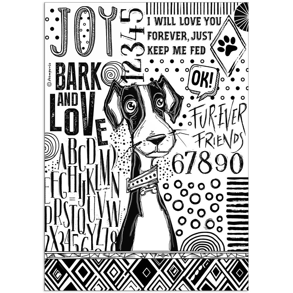 Stamperia - Furry Friends Collection - A4 Rice Paper - Dog B&W
