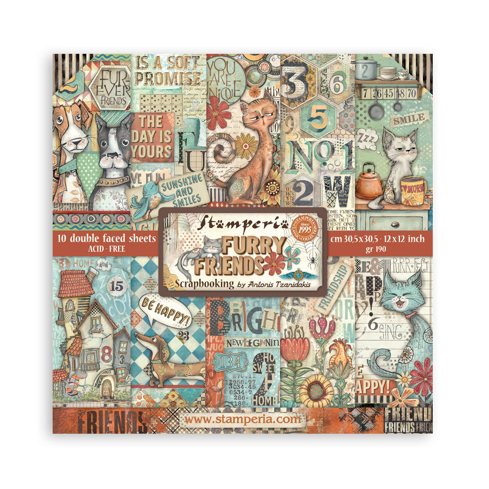 Stamperia Furry Friends Collection - 12” x 12” Pad - 10 Double Faced Sheets