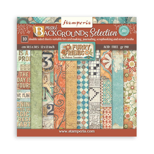Stamperia Furry Friends Collection - 12” x 12” Pad - 10 Double Faced Background Selection