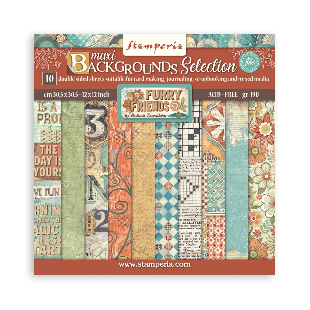 Stamperia Furry Friends Collection - 12” x 12” Pad - 10 Double Faced Background Selection