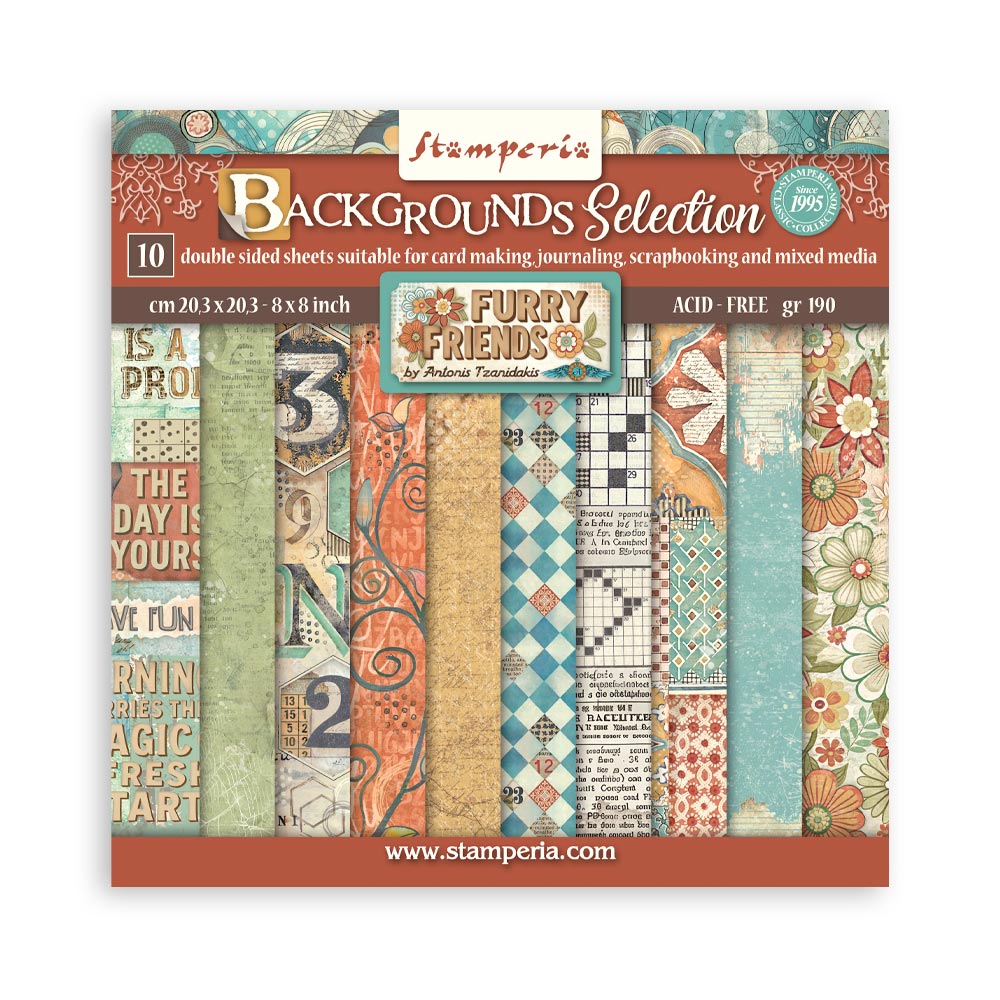 Stamperia Furry Friends Collection 8” x 8” Pad - 10 Double Sided Background Selection
