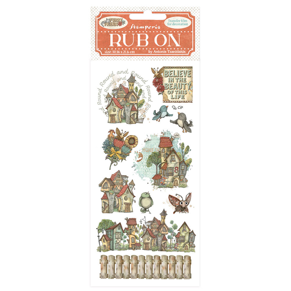 Stamperia - Furry Friends Collection - Rub On - Houses - 10.16cm x 16.6cm