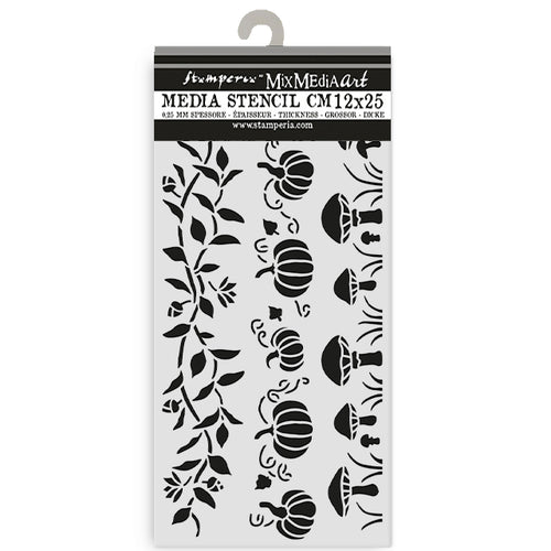 Stamperia Whispering Woods Collection - Mixed MediaArt Thick Stencil - Leaves, Pumpkins & Toadstools - 12cm x 25cm
