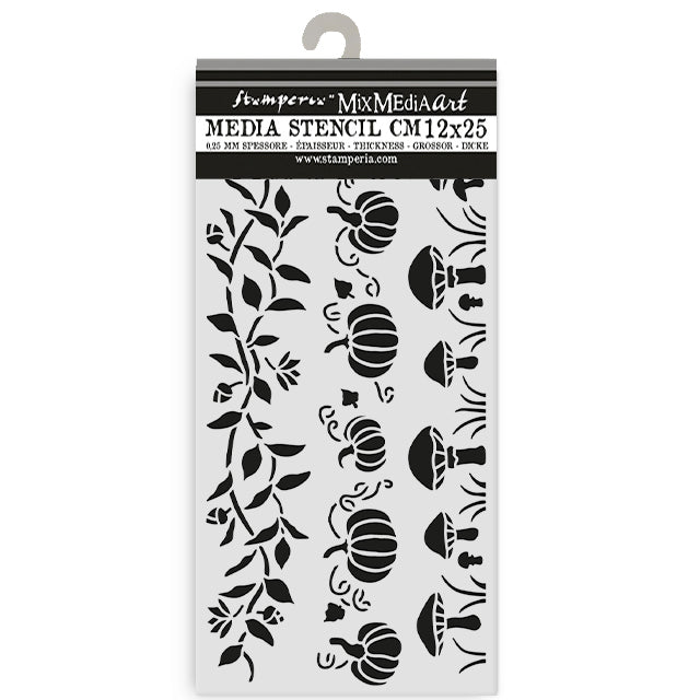 Stamperia Whispering Woods Collection - Mixed MediaArt Thick Stencil - Leaves, Pumpkins & Toadstools - 12cm x 25cm