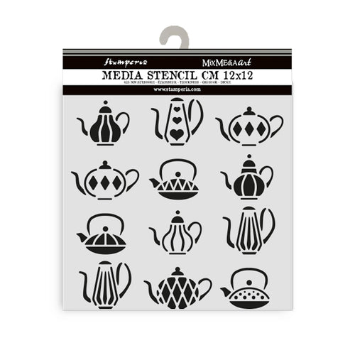 Stamperia Mixed MediaArt Thick Stencil - Alice in Christmas Collection - Teapots 12cm x 12cm KSTDS56