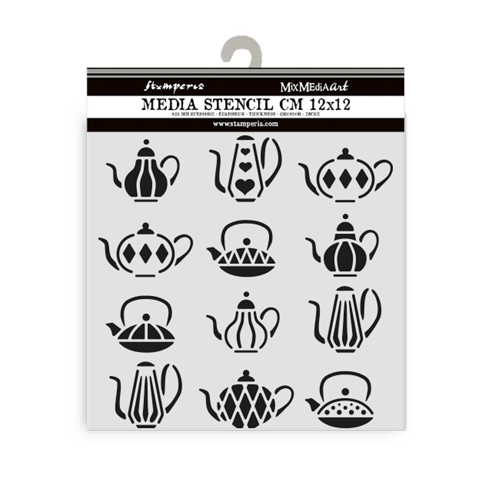 Stamperia Mixed MediaArt Thick Stencil - Alice in Christmas Collection - Teapots 12cm x 12cm KSTDS56