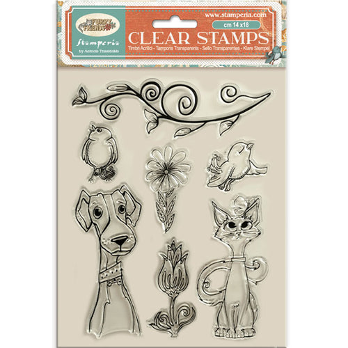 Stamperia Furry Friends Collection Clear Stamp Set - Dog, Cat & Flowers - 14cm x 18cm