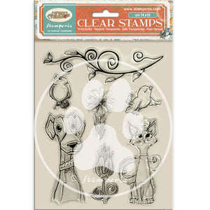 Stamperia Furry Friends Collection Clear Stamp Set - Dog, Cat & Flowers - 14cm x 18cm