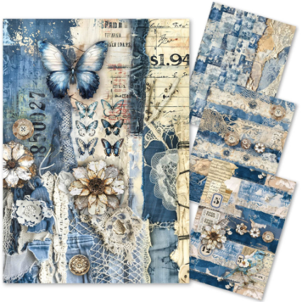Ciao Bella Paper - Urban Blue Denim A4 Mixed Media rice paper (Pack of 4 Assorted) CBMF002