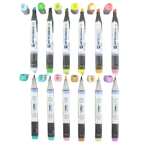 Kuretake Zig Kurecolor Twin Tip Alcohol Markers - 12 Pens - Naturals