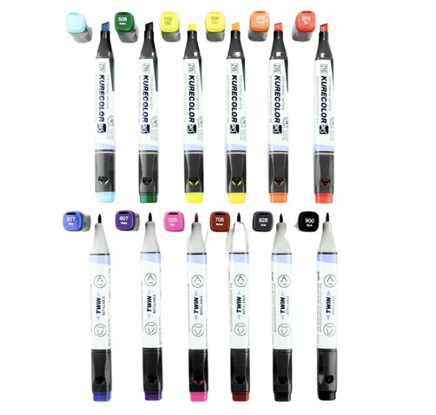 Kuretake Zig Kurecolor Twin Tip Alcohol Markers - 12 Pens - Basic