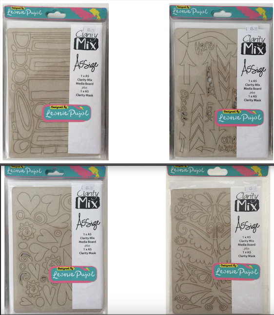 SPECIAL OFFER - ALL 4 DESIGNS for £15 - Clarity Mix A5 Mixed Media Board & A5 Mask Sets by Leonie -