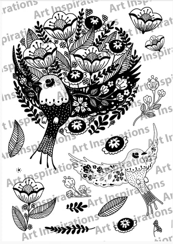 Art Inspirations by Wensdi Made A5 Clear Stamp Sheet - Floral Bird - 15 Stamps