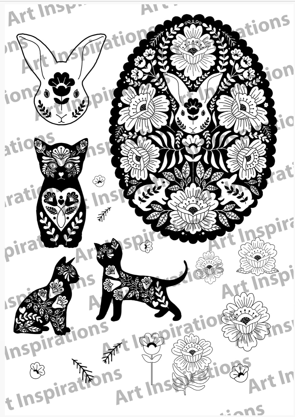 Art Inspirations by Wensdi Made A5 Clear Stamp Sheet - Lucky Rabbit and Cat - 17 Stamps