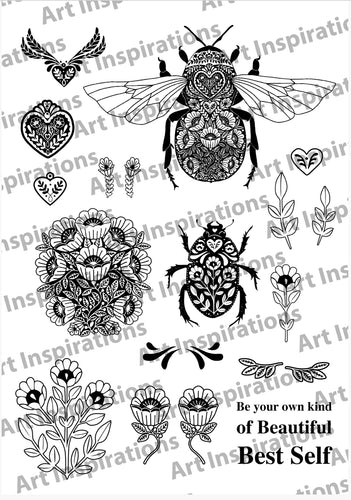 Art Inspirations by Wensdi Made A5 Clear Stamp Sheet - Floral Bee and Beetle / Best Self - 18 Stamps