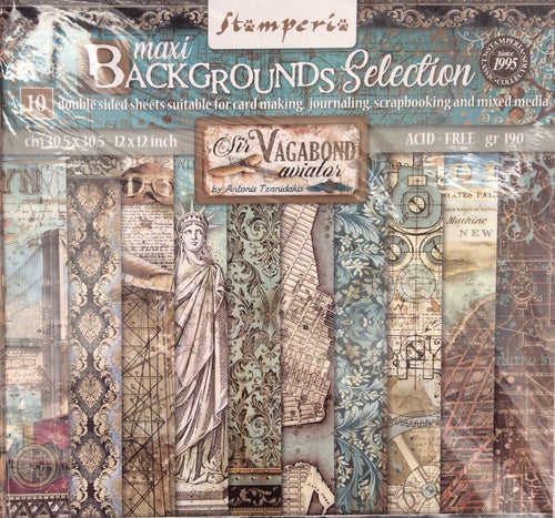 Stamperia Scrapbooking 12” x 12” Paper Pad - Sir Vagabond Aviator Background Selection - 10 Double Faced Sheets - SBBL113